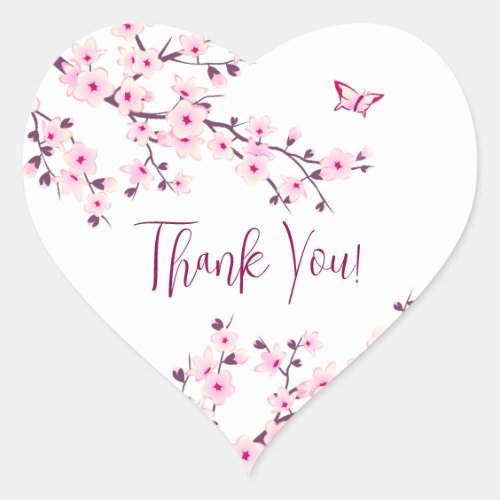 Floral Cherry Blossoms Pink White Thank You Heart Sticker