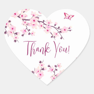 Floral Cherry Blossoms Pink White Thank You Heart Sticker
