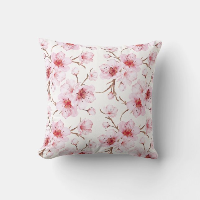 Floral Cherry Blossoms Pink White Throw Pillow (Front)