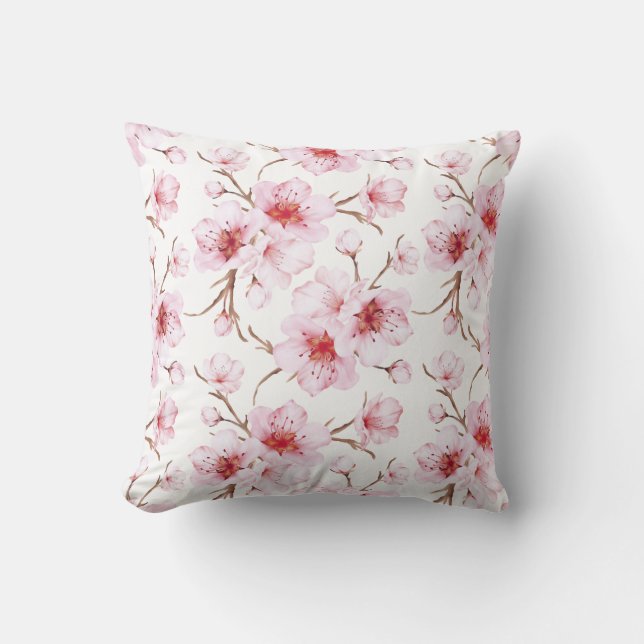 Floral Cherry Blossoms Pink White Throw Pillow (Front)