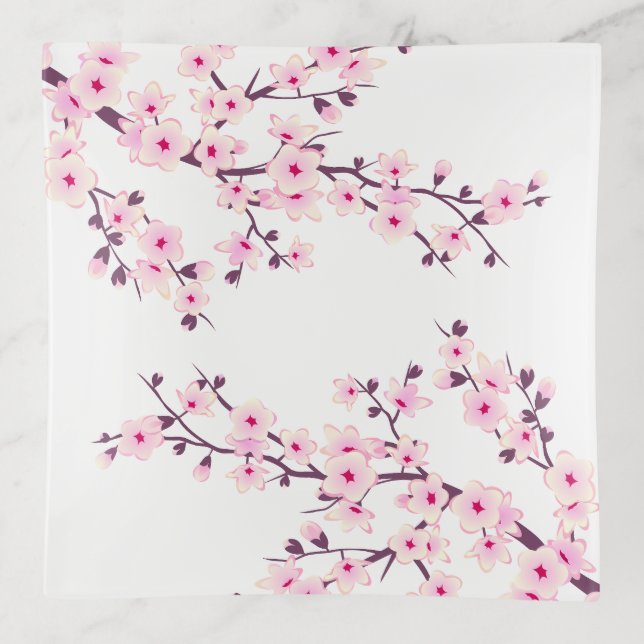 Floral Cherry Blossoms Pink White Trinket Tray (Front)
