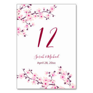 Floral Cherry Blossoms Pink White Wedding Table Number