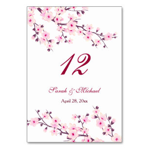 Floral Cherry Blossoms Pink White Wedding Table Number