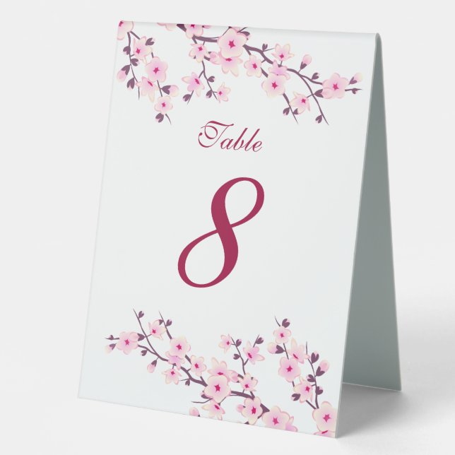 Floral Cherry Blossoms Pink White Wedding   Table Tent (Front)
