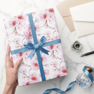 Floral Cherry Blossoms Pink White Wrapping Paper