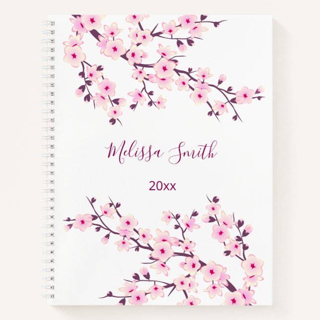 Floral Cherry Blossoms Pink White Your Name Notebook (Front)