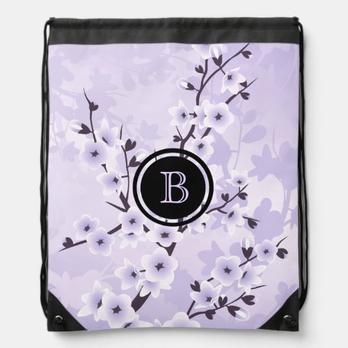 Floral Cherry Blossoms Purple Monogram Drawstring Bag