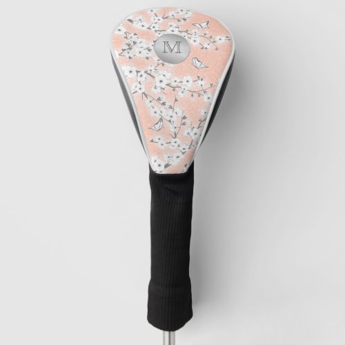 Floral Cherry Blossoms Rose Gold Glitter Monogram Golf Head Cover