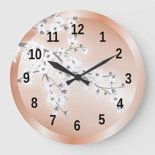 Floral Cherry Blossoms Rose Gold Gray Large Clock