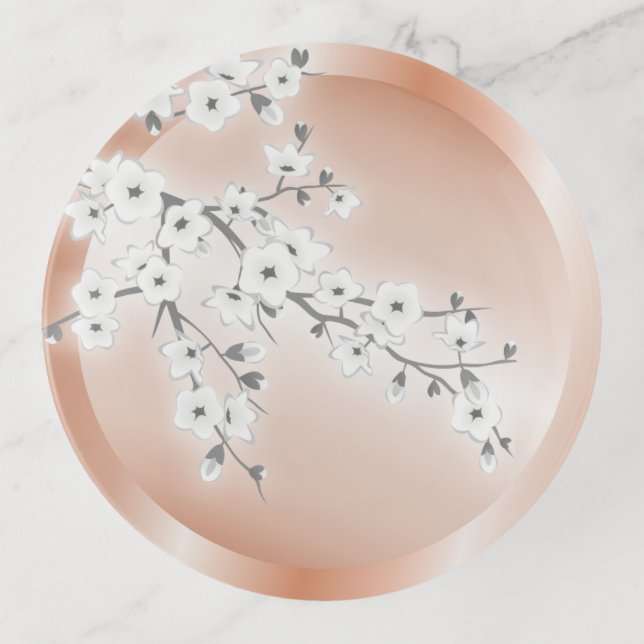 Floral Cherry Blossoms Rose Gold Gray  Trinket Tray (Front)