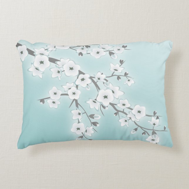 Floral Cherry Blossoms (Sakura) Mint White Accent Pillow (Front)