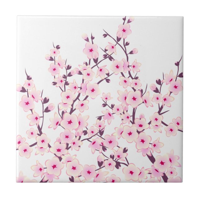 Floral Cherry Blossoms (Sakura) Pink White Ceramic Tile (Front)