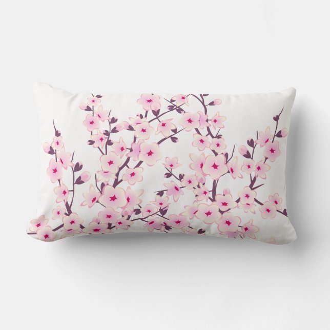 Floral Cherry Blossoms (Sakura) Pink White Lumbar Pillow (Front)