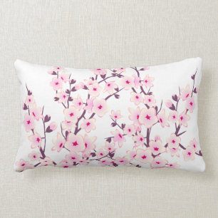 Floral Cherry Blossoms (Sakura) Pink White Lumbar Pillow