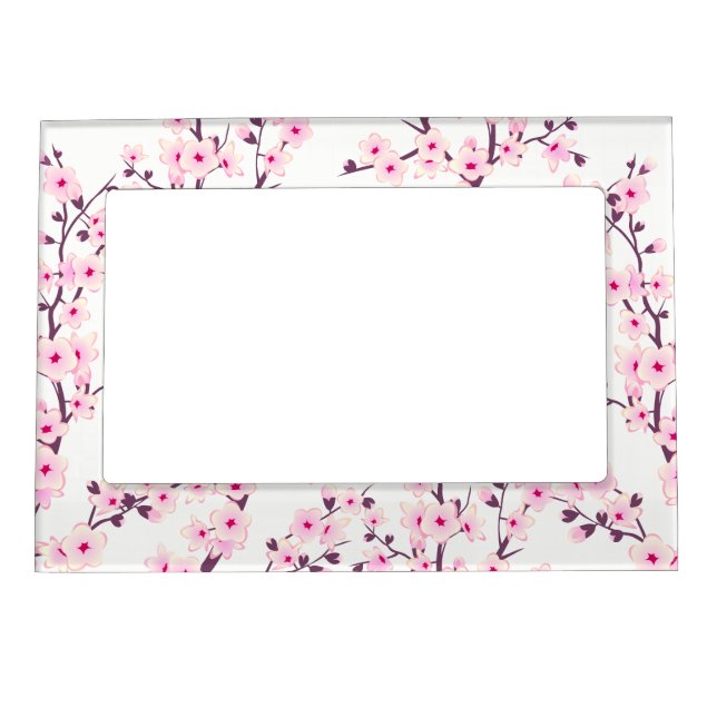 Floral Cherry Blossoms (Sakura) Pink White Magnetic Picture Frame (Front)
