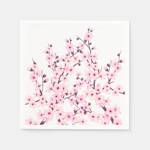 Floral Cherry Blossoms Sakura Pink White Napkins