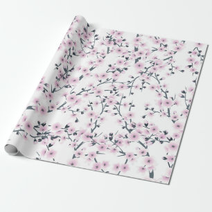 Floral Cherry Blossoms Sakura Pink White Pattern Wrapping Paper