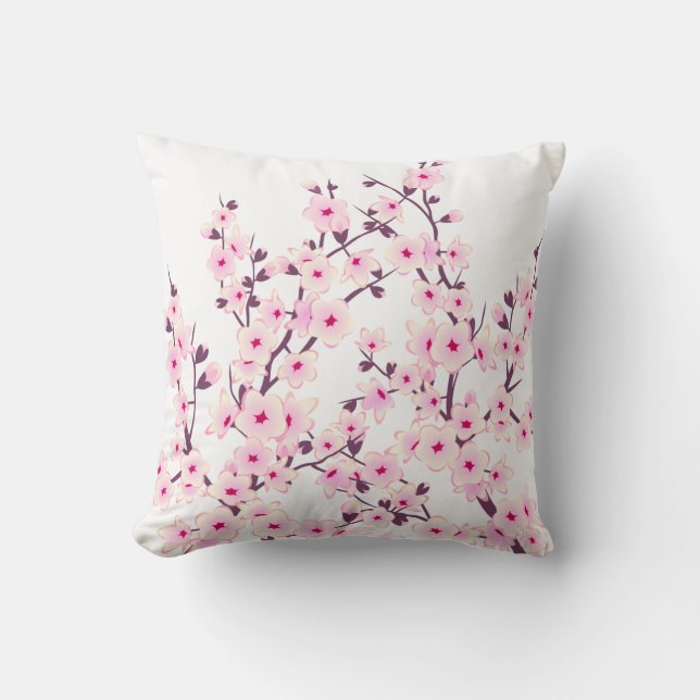 Floral Cherry Blossoms (Sakura) Pink White Throw Pillow (Front)