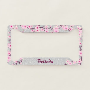 Floral Cherry Blossoms Silver Glitter Your Name License Plate Frame