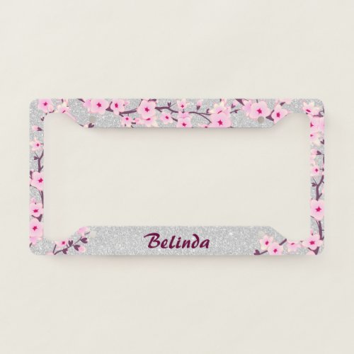 Floral Cherry Blossoms Silver Glitter Your Name License Plate Frame