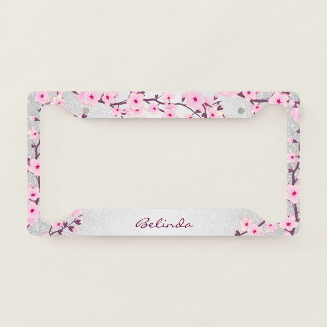 Floral Cherry Blossoms Silver Glitter Your Name License Plate Frame (Front)
