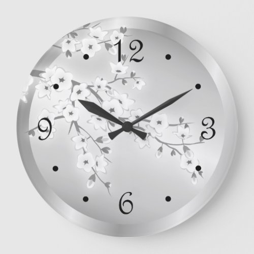 Floral Cherry Blossoms Silver Numbers Large Clock