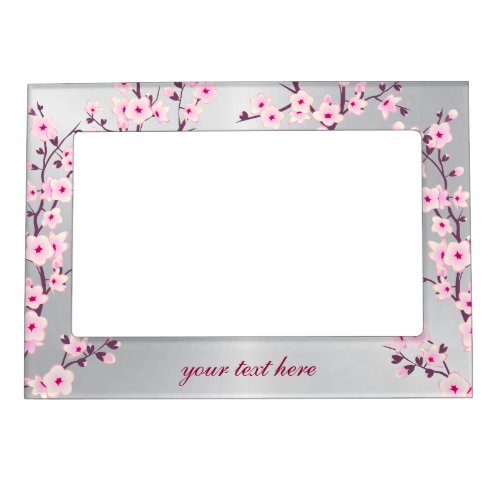 Floral Cherry Blossoms Silver Pink Magnetic Picture Frame
