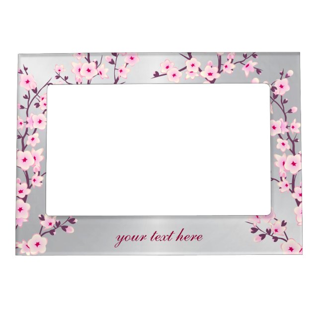 Floral Cherry Blossoms Silver Pink Magnetic Picture Frame (Front)