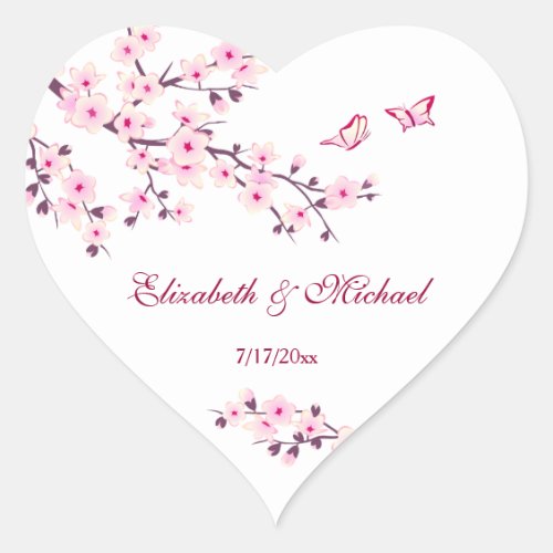 Floral Cherry Blossoms Wedding Heart Sticker