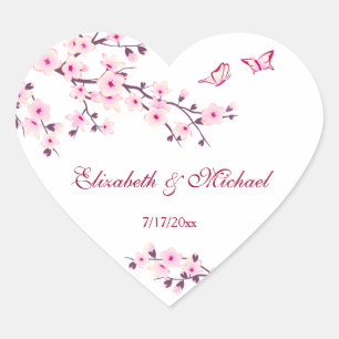 Floral Cherry Blossoms Wedding Heart Sticker