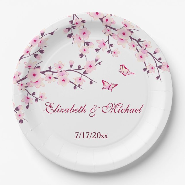 Floral Cherry Blossoms Wedding Paper Plates (Front)