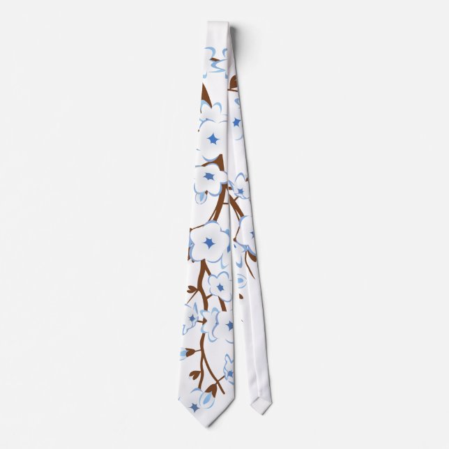Floral Cherry Blossoms White Blue Neck Tie (Front)