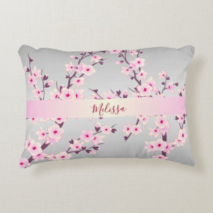 Floral Cherry Blossoms Your Name/Text Pink Gray Decorative Pillow