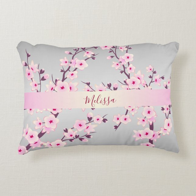 Floral Cherry Blossoms Your Name/Text Pink Gray Decorative Pillow (Front)