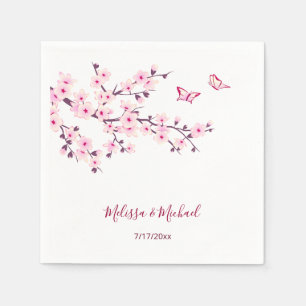 Floral Cherry Blossoms Your Names Wedding Napkins