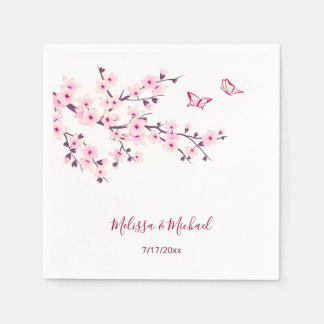 Floral Cherry Blossoms Your Names Wedding Napkins