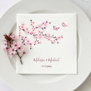Floral Cherry Blossoms Your Names Wedding Napkins