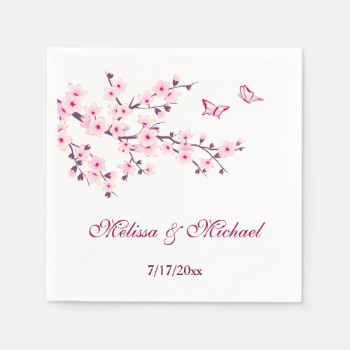 Floral Cherry Blossoms Your Names Wedding Napkins