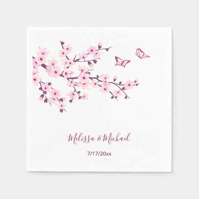 Floral Cherry Blossoms Your Names Wedding Napkins (Front)