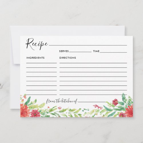 Floral Cherry Red Watercolor Guest Recipe Card