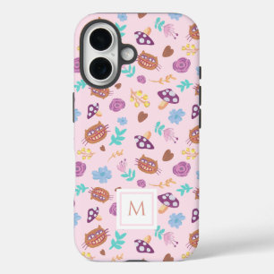 Floral Cheshire Cat Pattern Pink Monogram iPhone 16 Case