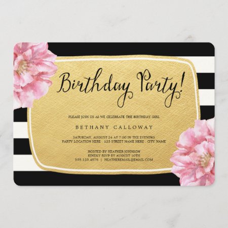 Floral Chic Birthday Invite / Faux Gold Foil