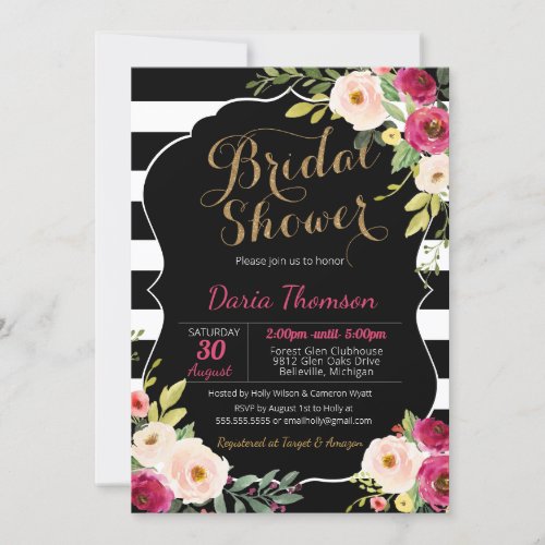 Floral Chic Black White Stripe Pink Bridal Shower Invitation
