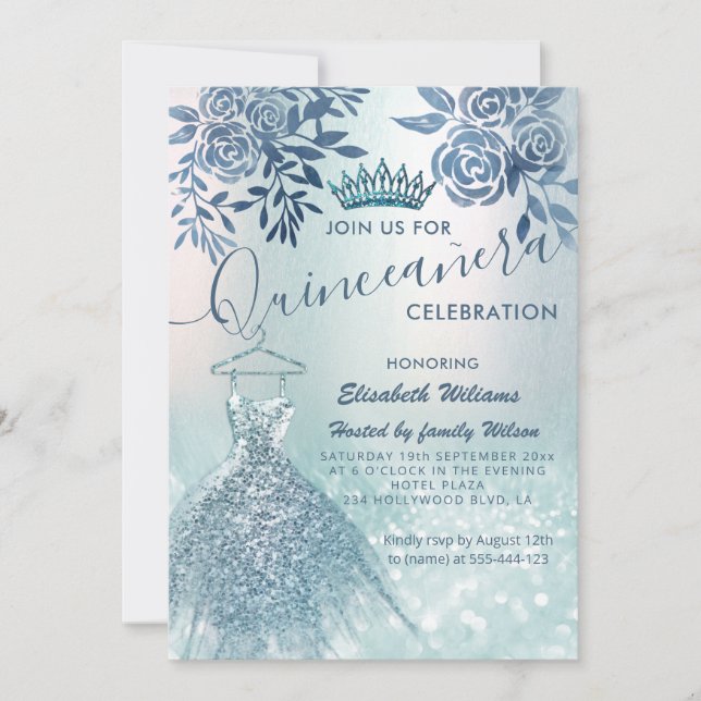 Floral chic blue dress glittery ombre  invitation (Front)
