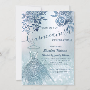 Floral chic blue dress glittery ombre invitation
