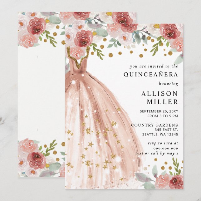 Floral Chic Blush Gold Glitter Dress QUINCEAÑERA Invitation (Front/Back)