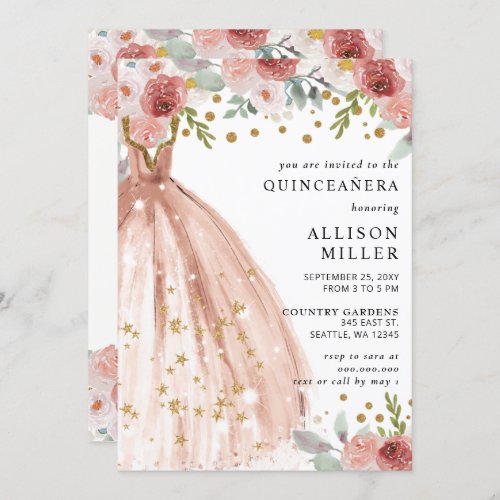 Floral Chic Blush Gold Glitter Dress QUINCEAERA Invitation