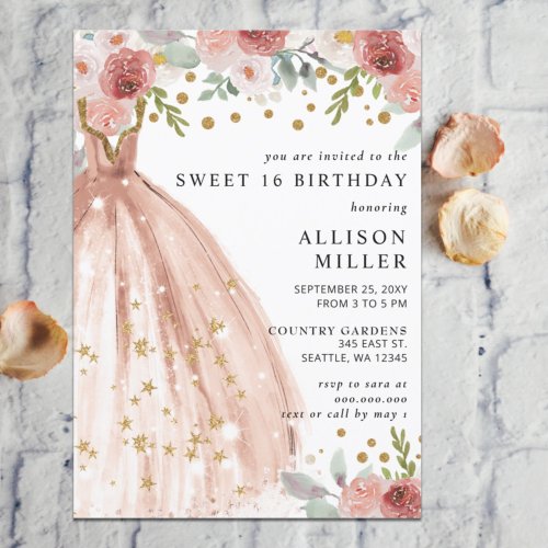 Floral Chic Blush Gold Glitter Dress Sweet 16  Invitation