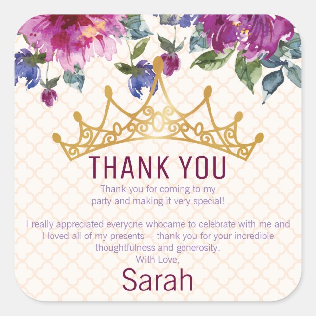 Floral Chic Crown Birthday Thank you Square Sticker (Front)