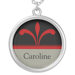 Floral Chic Customizable Necklace, Dark Red Silver Plated Necklace